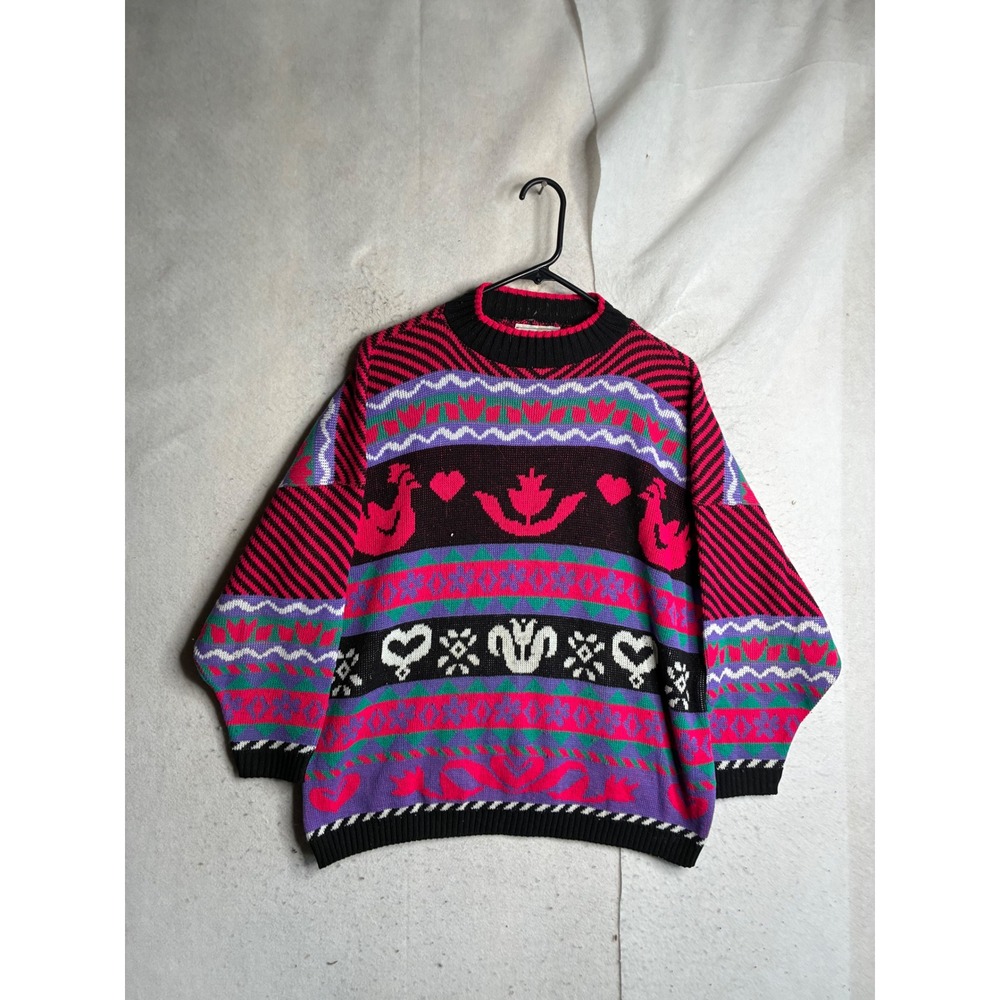 Vintage Custom Design Fair Isle Knit Sweater Hearts Swans Made in USA Retro 80s